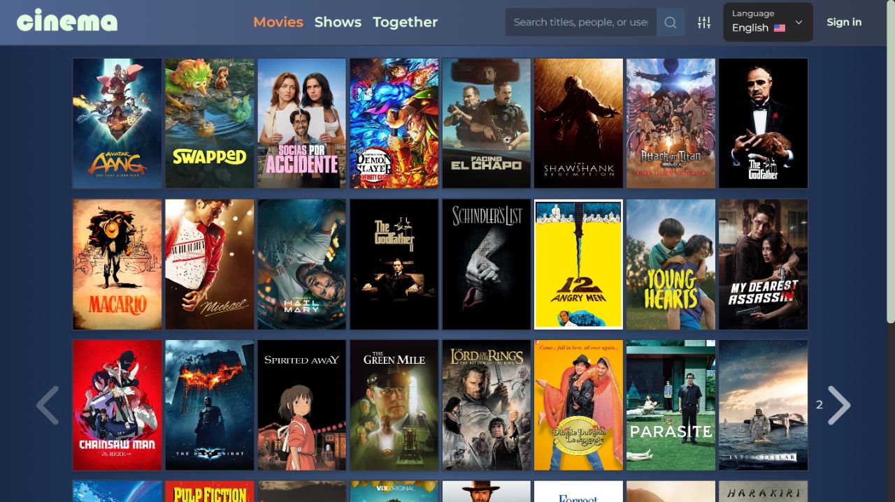 Interfaz real de Cinema Center mostrando su catálogo de películas